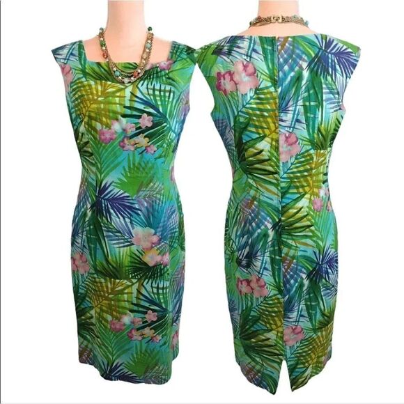 VTG 90s Maggy London Green Tropical Sleeveless Linen Blend Dress Size 8 - Picture 14 of 14